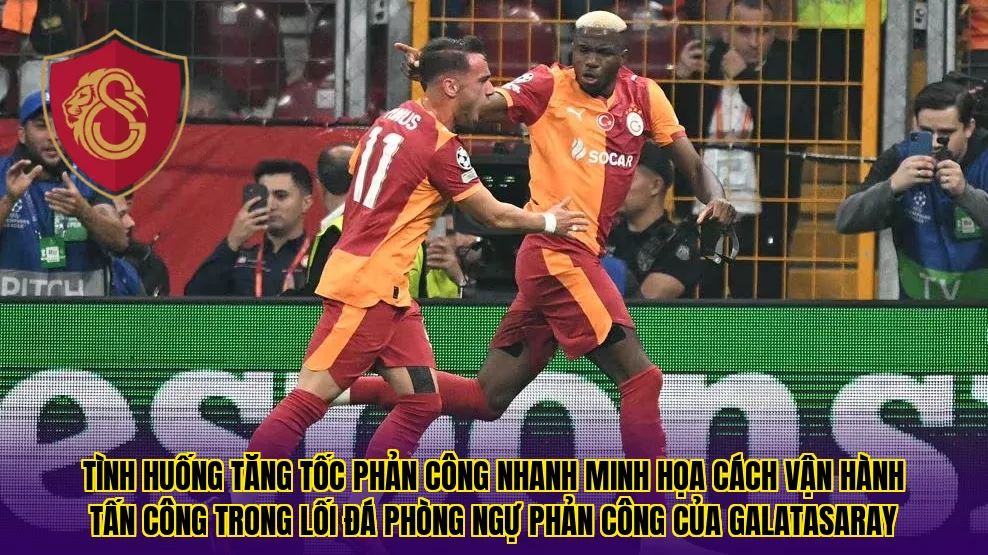 Tình huống tăng tốc phản công nhanh minh họa cách vận hành tấn công trong lối đá phòng ngự phản công của Galatasaray